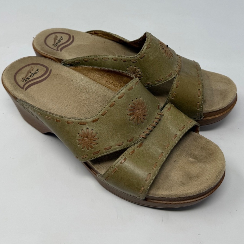 Dansko Olive Green Leather Floral Embroidered Wedge Slide Sandals Size 39